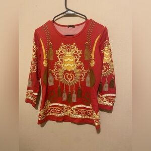 J. McLaughlin Red Long-Sleeve Tassel & Crest Print Top